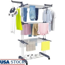 4-Tier Stainless Steel Clothes Drying Rack Foldable Heavy Duty Indoor Outdoor US