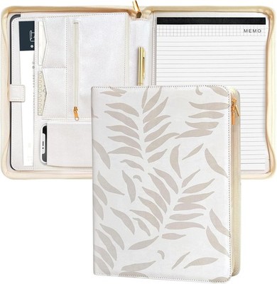 Padfolio Women Leather Zipper Binder Beige Portfolio Organizer