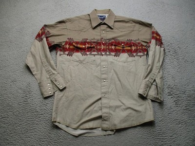 Vintage Wrangler Shirt Mens XL Brown Southwestern Aztec Western Pearl Snap