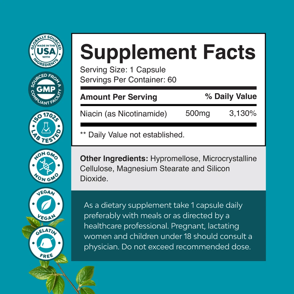 Vitamina B3 Niacinamida 500mg Cápsulas - Energía Mitocondrial y Potente 60ct Foto 3 de 4