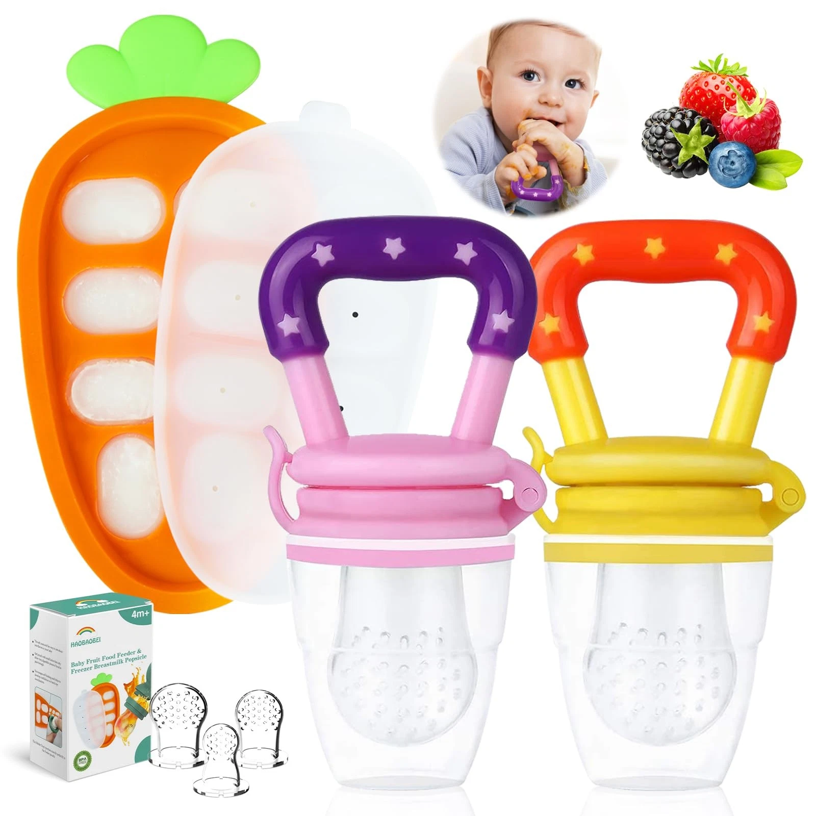 Baby Fruit Feeder with Ice Tray, BPA-Silicone Teether & Infant Feeding Set fo...