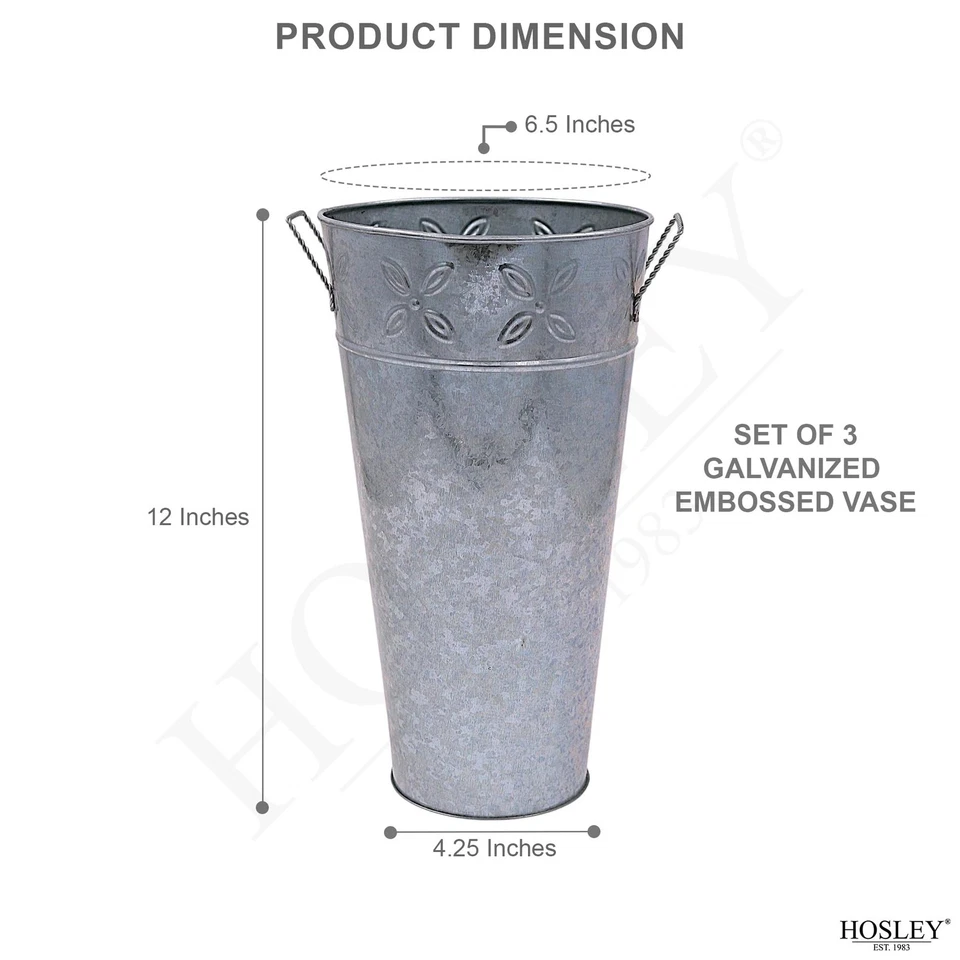 Hosley 3 件套镀锌花瓶 6.5 英寸直径 x 12 英寸高每个法国桶设计 I... — 第 3/4 张图片