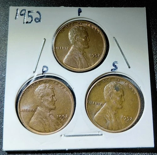 1952 Wheat Penny Collection P,D,S Three Coins