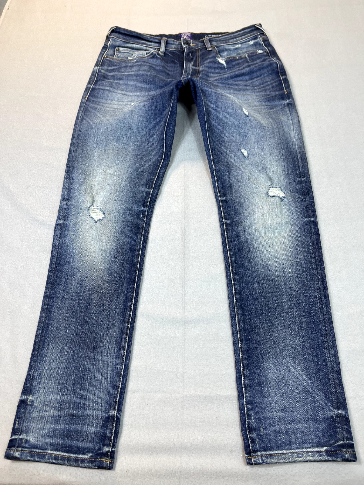 PRPS Women Blue Jeans 32X30 Straight Distressed, Mid Rise, White Leather Tag
