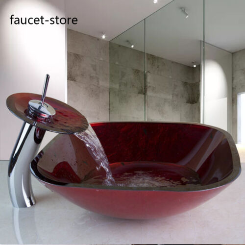 Bathroom Red Vessel Sink Tempered Glass Bowl Chrome Waterfall Mixer Tap Faucet - Picture 1 of 8