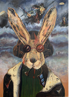 A4 Giclée Druck Original Kunst Gemälde ''Der Spitfire Pilot Hase'' von Hanna Bell