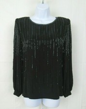 VTG 1970s 80s ARGENTI BLACK SILK SMALL SEQUIN BEADED TOP MADE IN HONG KONG