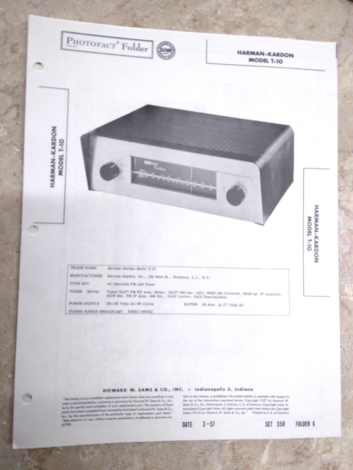 HARMAN-KARDON T-10 AM/FM TUNER Schematic & Data SAMS PHOTOFACTS 350/6