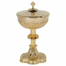 Embossed Vine Patterned Gold Plate Ornate Ciborium With Cross Cover Set, 11 In