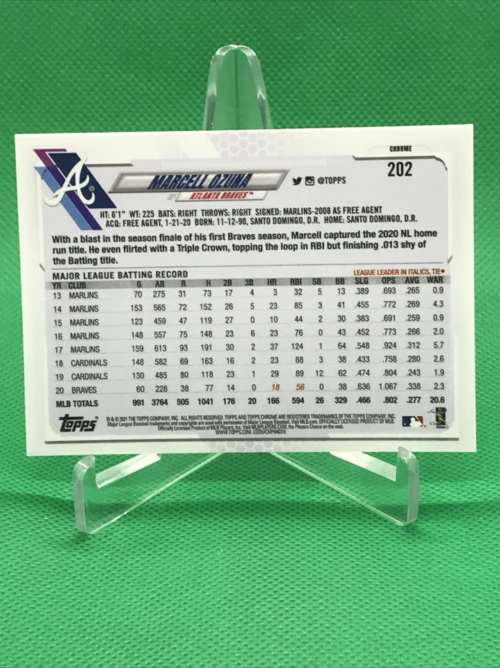 Marcell Ozuna 2021 Topps Chrome Baseball Prism XFRACTOR #202 Atlanta ￼Braves - Image 2 of 2