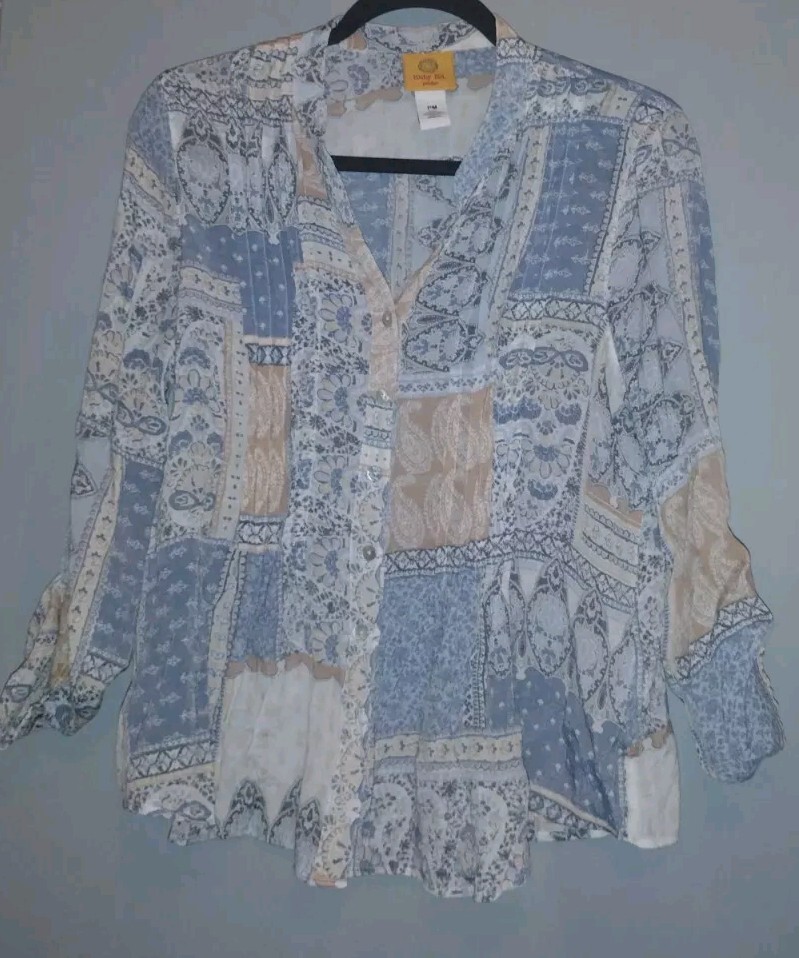 RUBY RD Women’s Top Blue Patchwork Print Semi She… - image 1