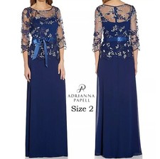 NWT Adrianna Papell Floral Embroidered Tie Waist Navy Chiffon Dress  Size 2