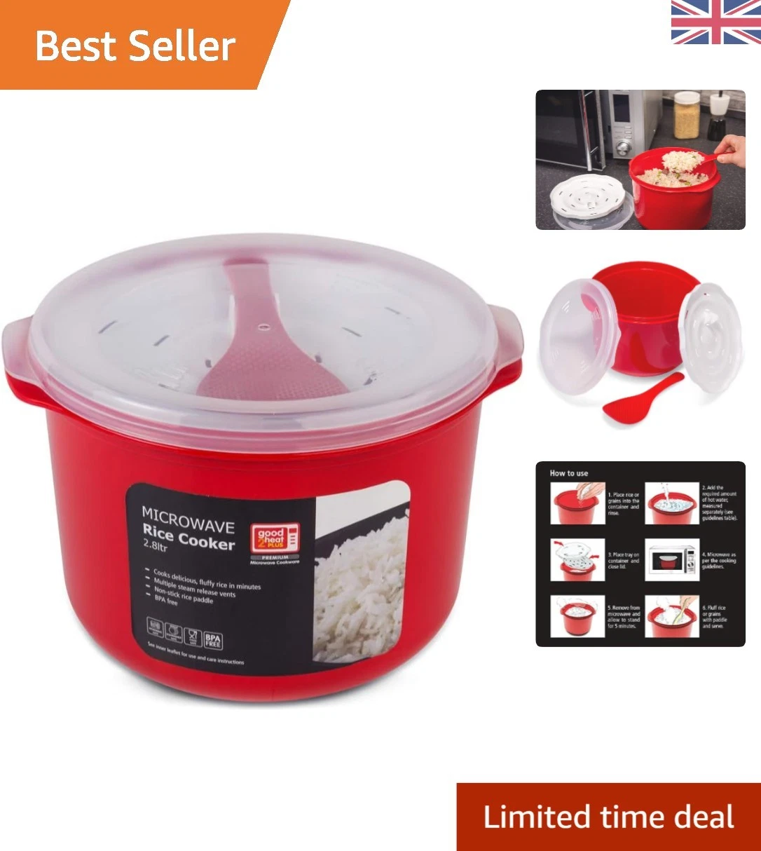 Effortless Cooking: 2.8L Red Microwave Rice Cooker - Dishwasher Safe & Non-Stick