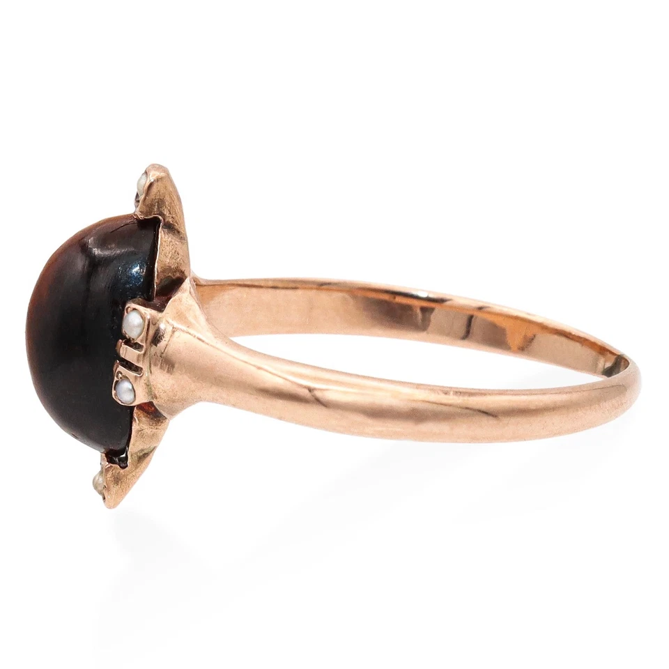 Antiguo Anillo Banda Perla Semilla Cabujón Ojo de Tigre Oro Rosa 10k Foto 3 de 4
