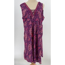 Moda Ibizaa Womens XL Purple Pink Paisley Lace Up V-Neck Art Silk Midi Dress