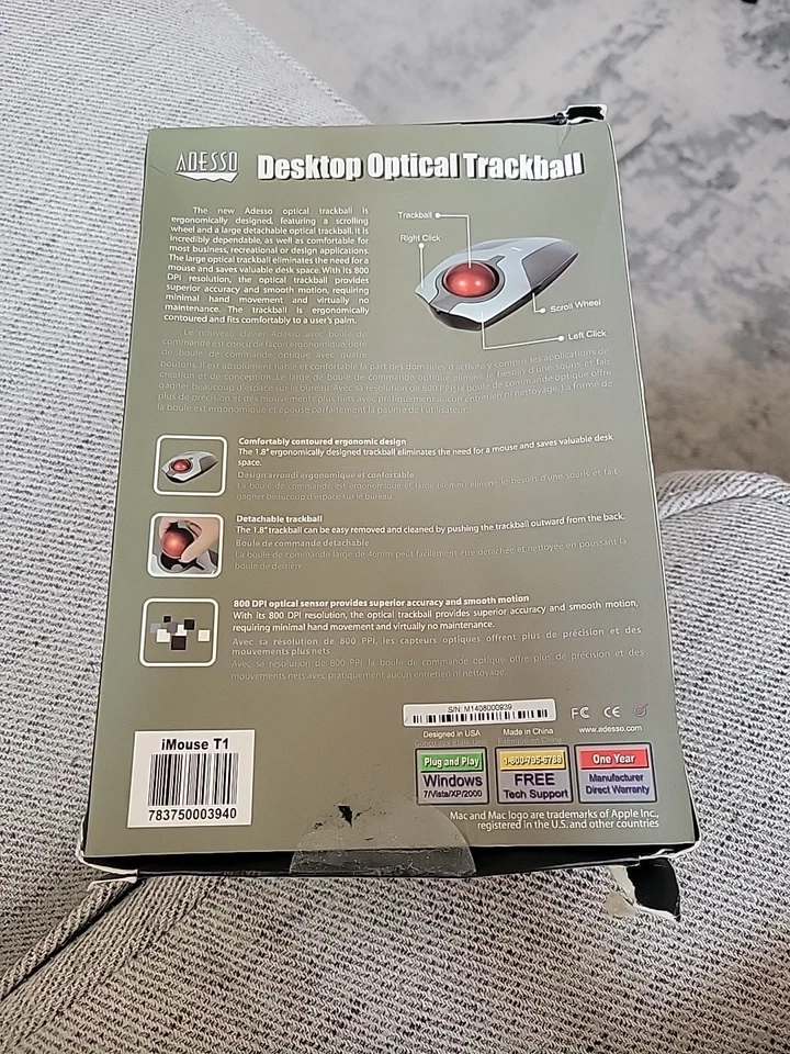 iMouse T1 Desktop Optical Trackball Adesso Mouse USB Mac Windows - Image 3 of 4
