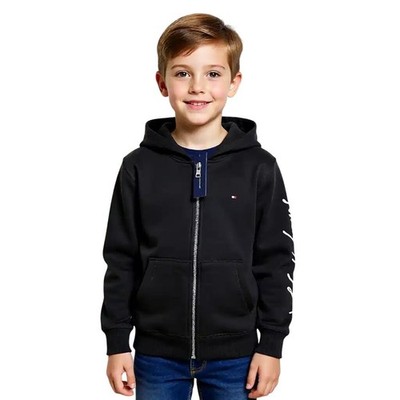 Tommy Hilfiger Black Zip Up Hoodie Boys Girls Signature Logo Sleeve Sm 6-8 NWT