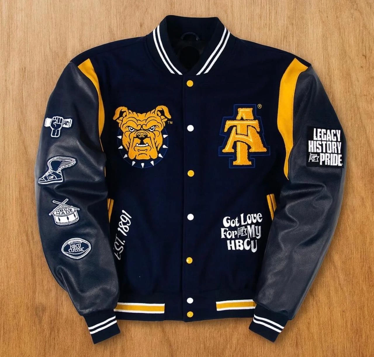 Heritage HBCU Varsity Jacket Bulldog Patch Navy Gold Men’s Bomber (balaclava)