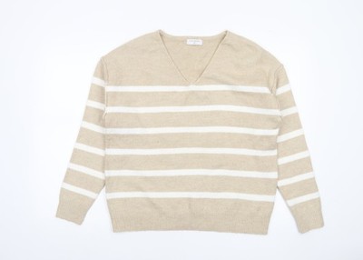 Papaya Damen Strickpullover beige gestreift V-Ausschnitt Größe M