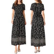 Vintage 90s Black Floral Cottagecore Midi Dress Tie Back Soft Girl Boho Women 10