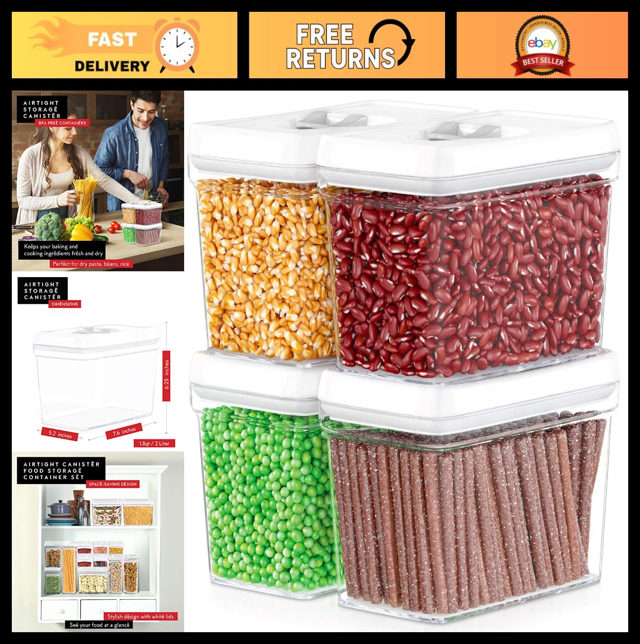 Airtight Food Storage Containers Set - 4PC Clear BPA-Free Canisters for Pantry,