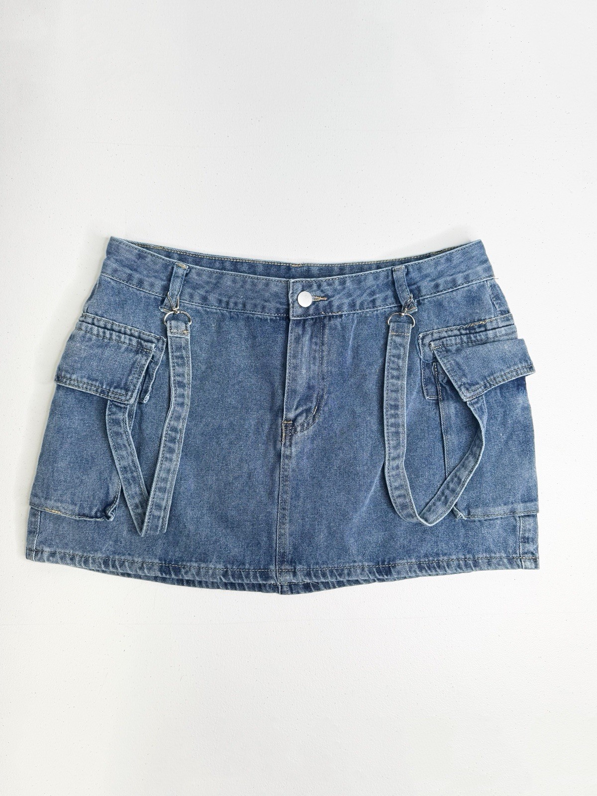 Denim Cargo Skirt Women’s XL Blue Utility Pockets D-Ring Strap Y2K Streetwear