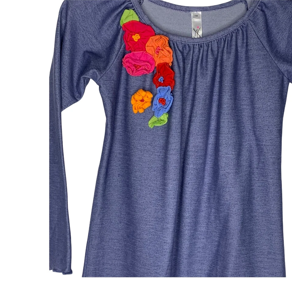 Vestido Luv U Lotes Denim Look Niñas 7 8 Azul Tela Flores Volantes Dobladillo Boutique Foto 2 de 4