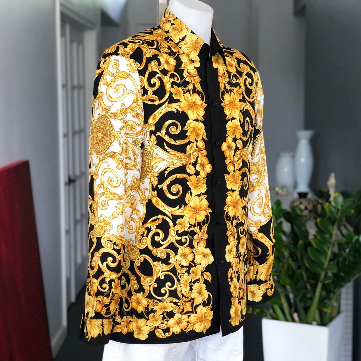 VERSACE silk shirt Gold Hibiscus print size L from 2019 Style worn
