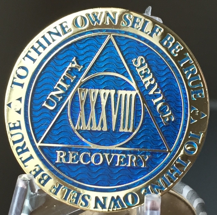 38 Year AA Medallion Blue Gold Plated Alcoholics Anonymous