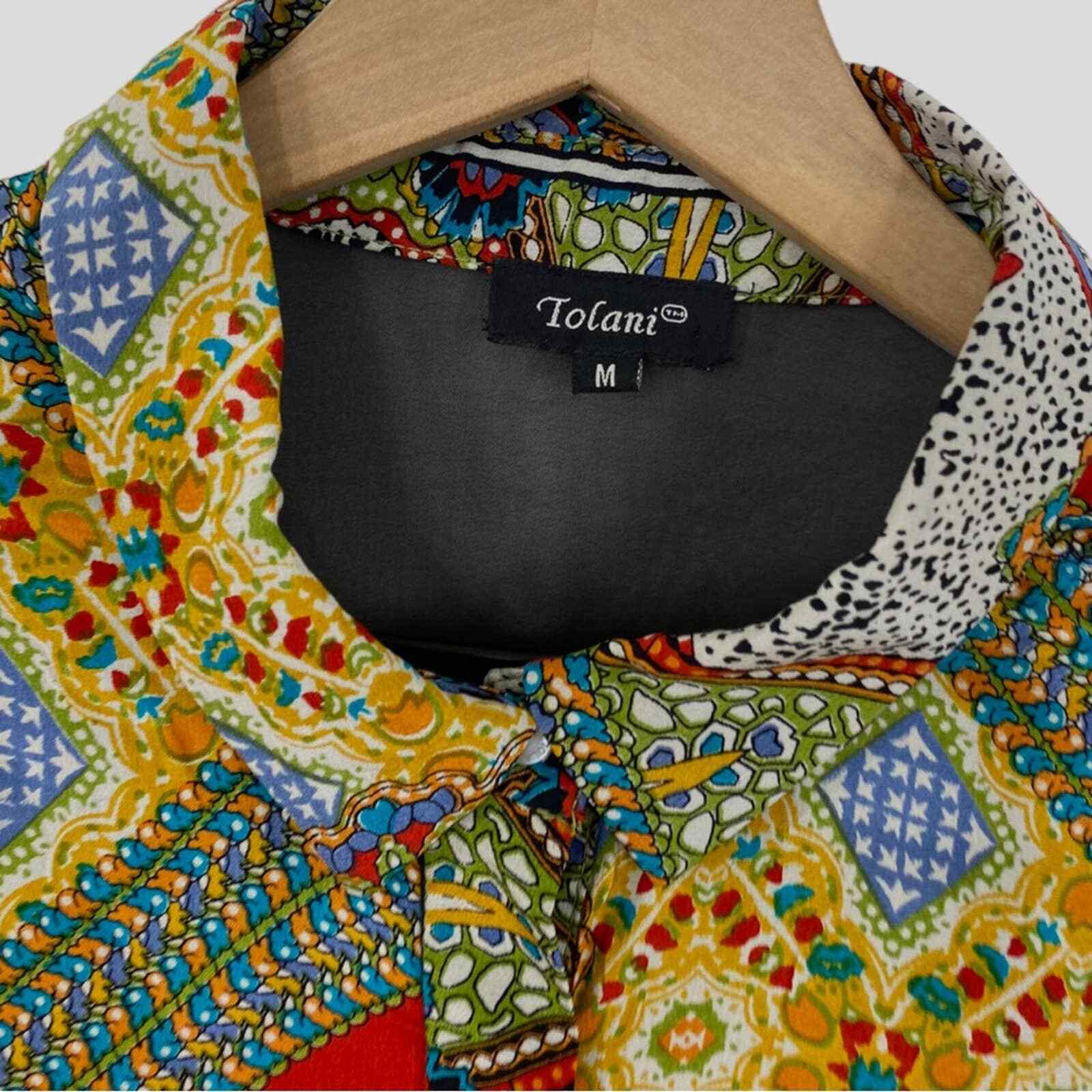 Tolani Multicolor Patchwork Silk Button Down Shir… - image 5