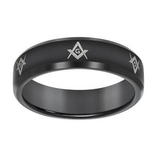 Men's Black Tungsten Beveled Masonic Comfort Fit 7mm Wedding Band  Size 7 to 14