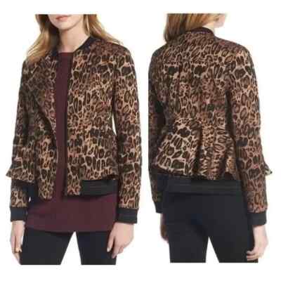 Trouve Leopard Peplum Pocketed Shiny Jacket S
