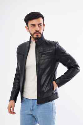 Black Stylish Leather Jacket Men Genuine Lambskin Jacket Handmade Biker Jacket