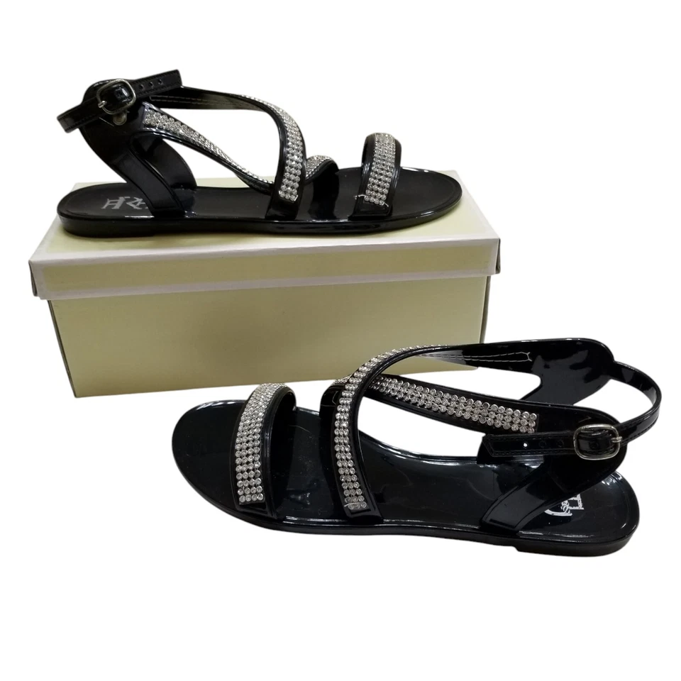Sandálias femininas FARENHEIT de strass com tiras de geléia lisa tamanho 8 pretas novas na caixa - Imagem 2 de 4