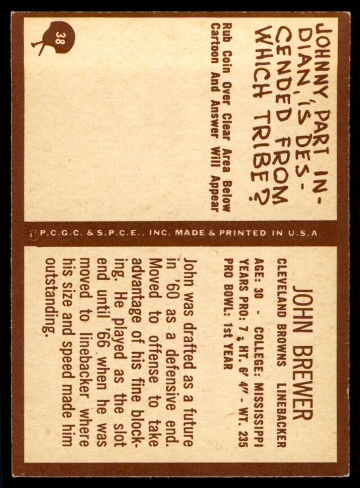 1967 Philadelphia John Brewer b Cleveland Browns #38 - Image 2 of 2