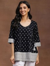 Women Floral Printed V-Neck Pure Cotton Black Angrakha Kurti