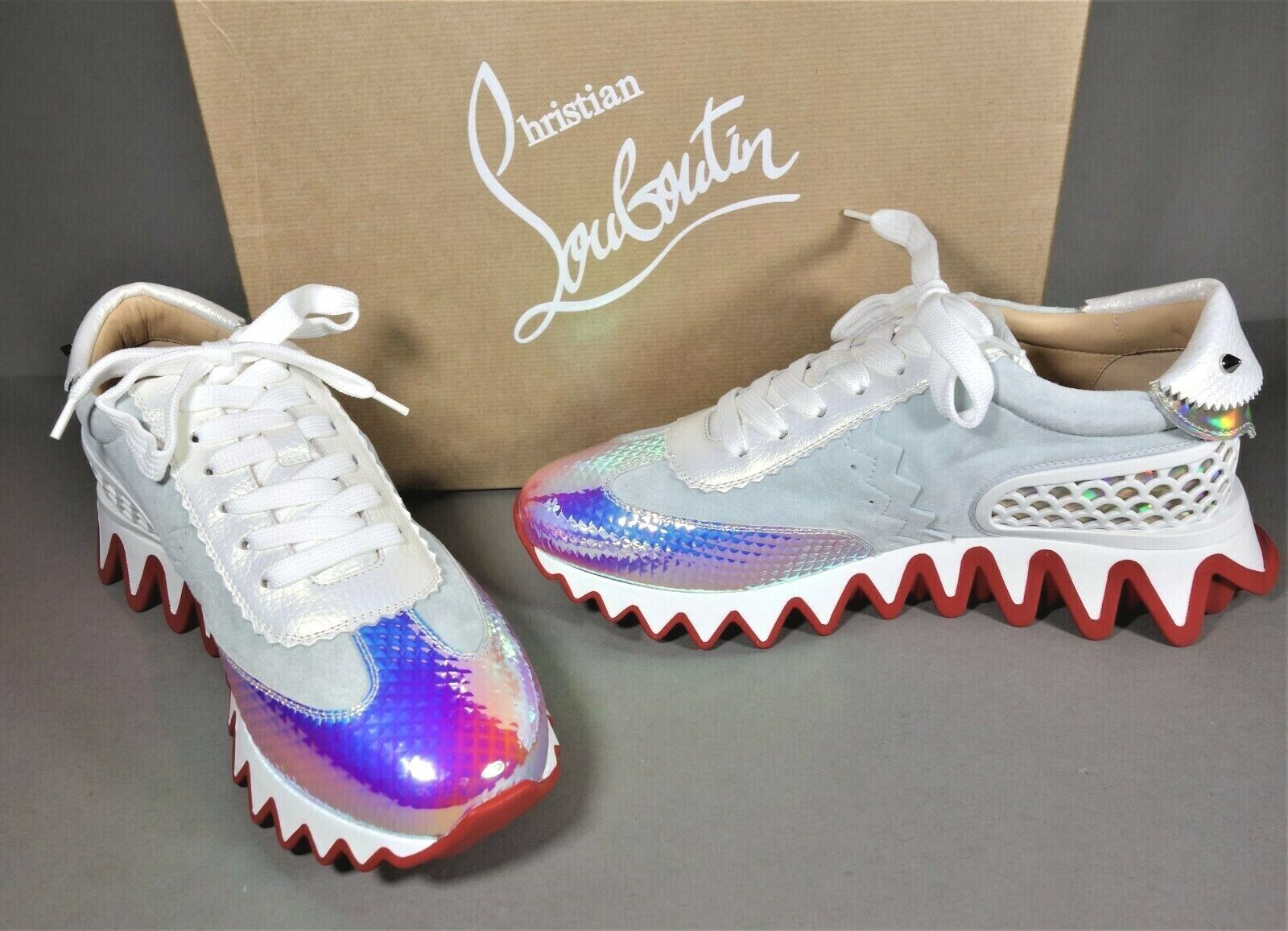 LOUBOUTIN 38.5 LOUBISHARK DONNA FLAT White Silver Lace Up Low Top ...