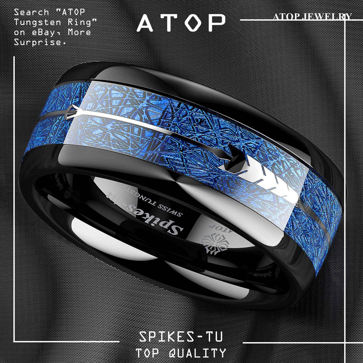 8mm Dome Black Multidimensional Blue Tungsten Ring Bridal Band ATOP Jewelry