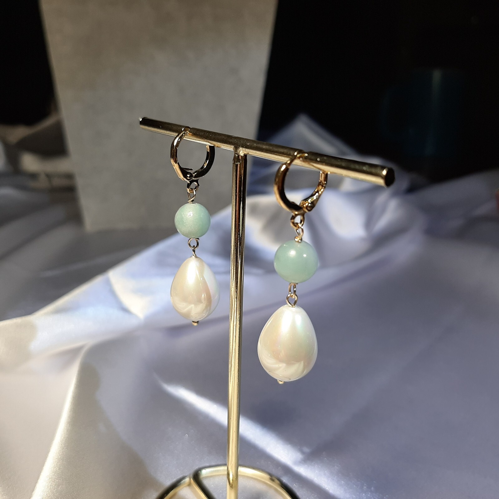 Dormeuses amazonite naturelle, boucles d'oreilles perles bleues - 3