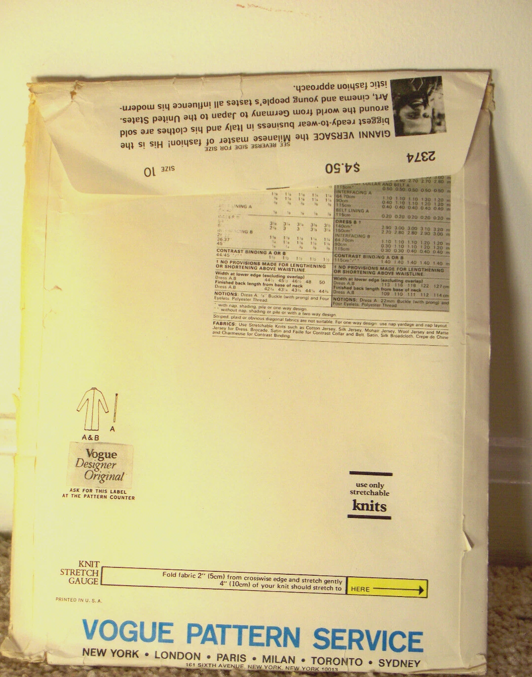 Gianni Versace ""Vogue"" Modello da cucito vintage #2374 taglia 10 due abiti