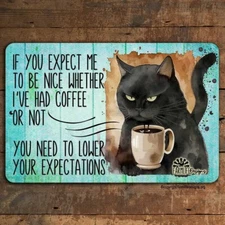 Cat Coffee Bar Sign Lower Expectations funny metal kitchen decor wall art tin