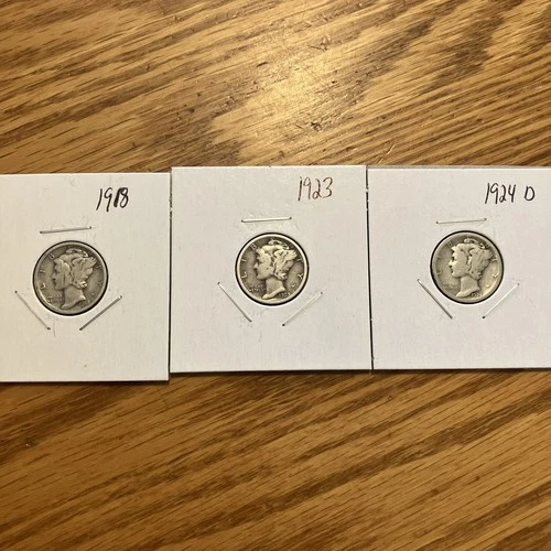 Lot Of 3, 1918, 1923, 1924-D, Mercury Dimes, 90% Silver