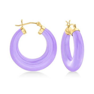 Ross-Simons Lavender Jade Hoop Earrings with 14kt Yellow Gold. 1 1/8 inches