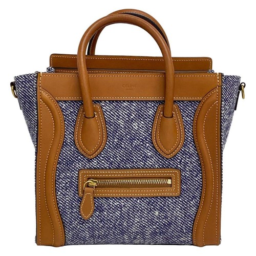 CELINE Luggage Nano Tote Bag Navy White Leather Trim Used From Japan