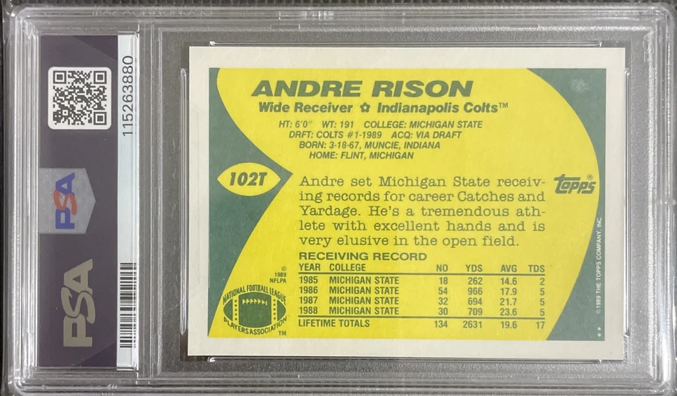 ANDRE RISON RC 1989 Topps negociado #102T PSA 10 "Bad Moon Rison" Colts | Falcons Foto 2 de 2