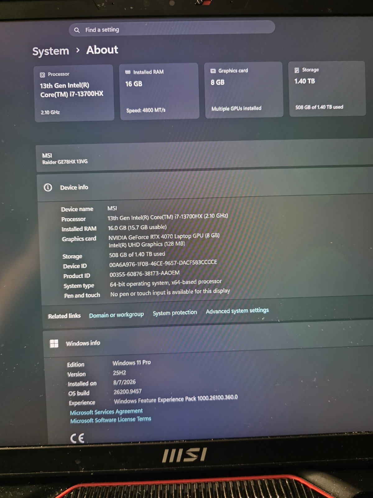 Computer Key Uses MSI Raider GE78 HX 13V i7-13700HX 16GB 1.40TB SSD RTX 4070 Gaming ...