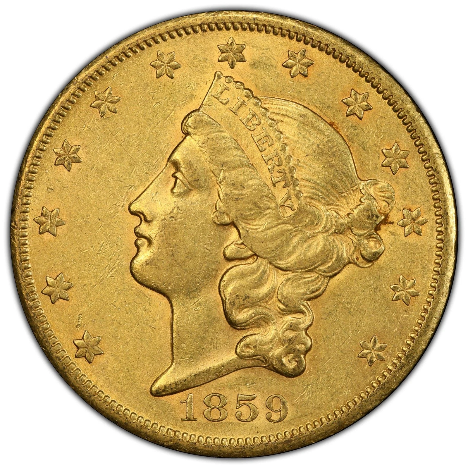 1859-S $20 Liberty Head Double Eagle PCGS AU55 CAC