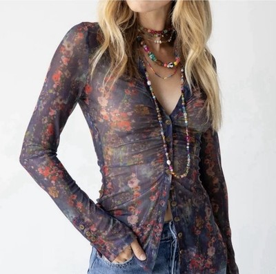 Natural Life Carina Mesh Sheer Button Up Ruched Floral Top Size XL
