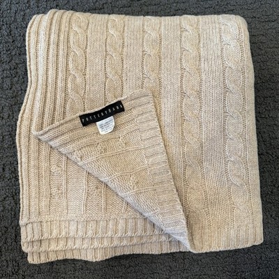 Pottery Vintage Barn Cable Knit Blanket Throw 100% Lambswool Taupe 52  X 59 