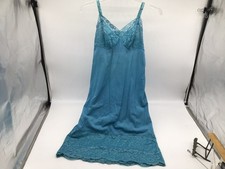 Vtg Turquoise Blue VANITY FAIR Full Dress Slip Nylon Tricot Lace Embroidery 32